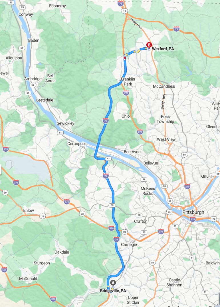 driving from Bridgeville, Pennsylvania to WexfordPennsylvania - map and route