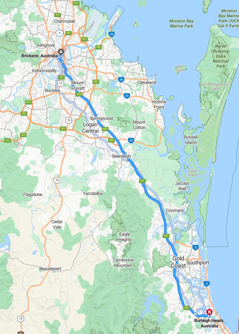 driving from Brisbane, Queensland to Burleigh HeadsQueensland - map and route
