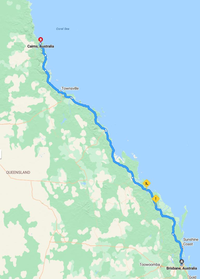 driving from Brisbane, Queensland to CairnsQueensland - map and route