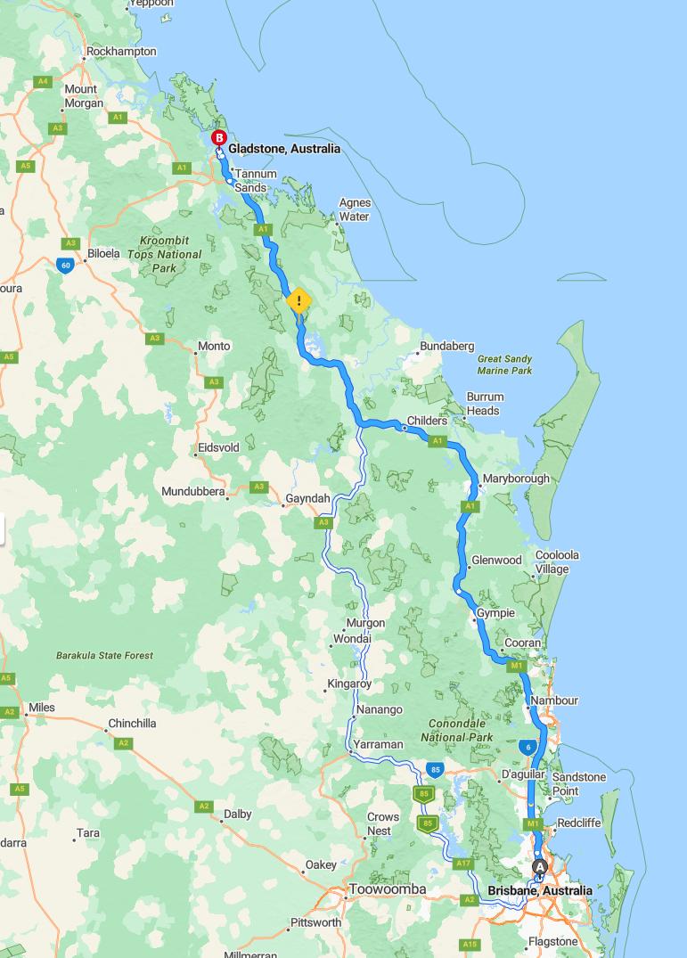 driving from Brisbane, Queensland to GladstoneQueensland - map and route