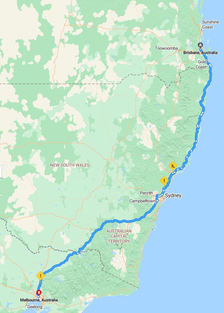 driving from Brisbane, Queensland to MelbourneVictoria - map and route