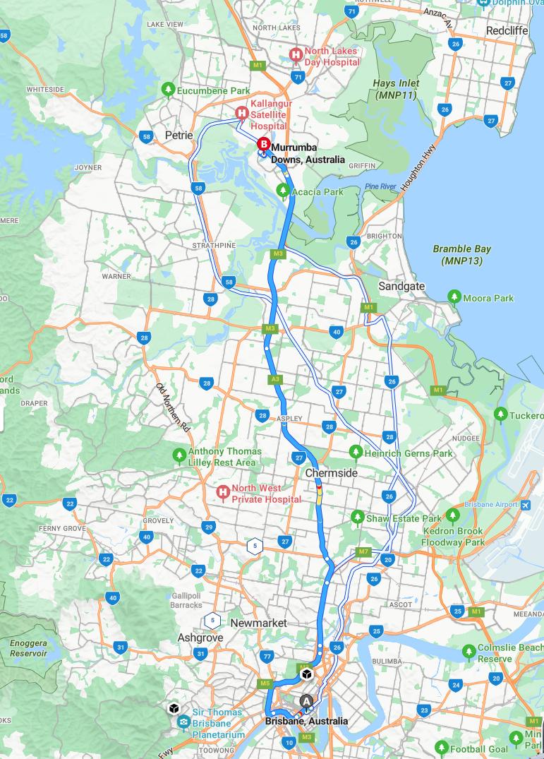 driving from Brisbane, Queensland to Murrumba DownsQueensland - map and route