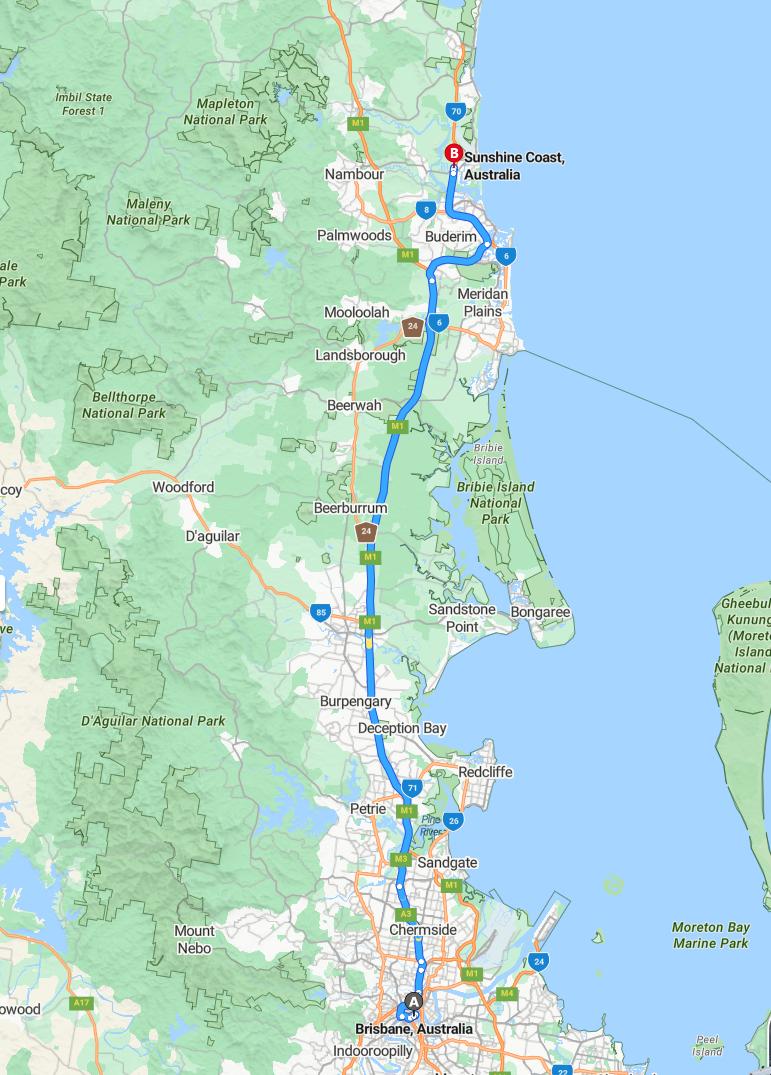 driving from Brisbane, Queensland to Sunshine CoastQueensland - map and route