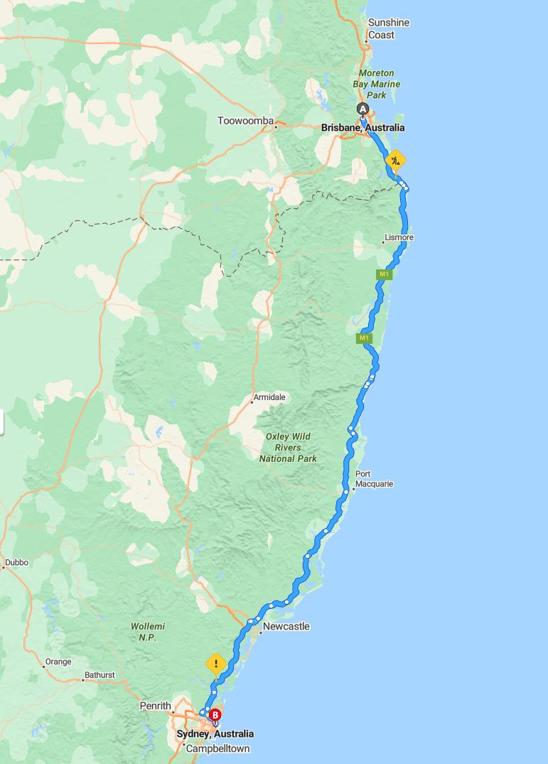 driving from Brisbane, Queensland to SydneyNew South Wales - map and route