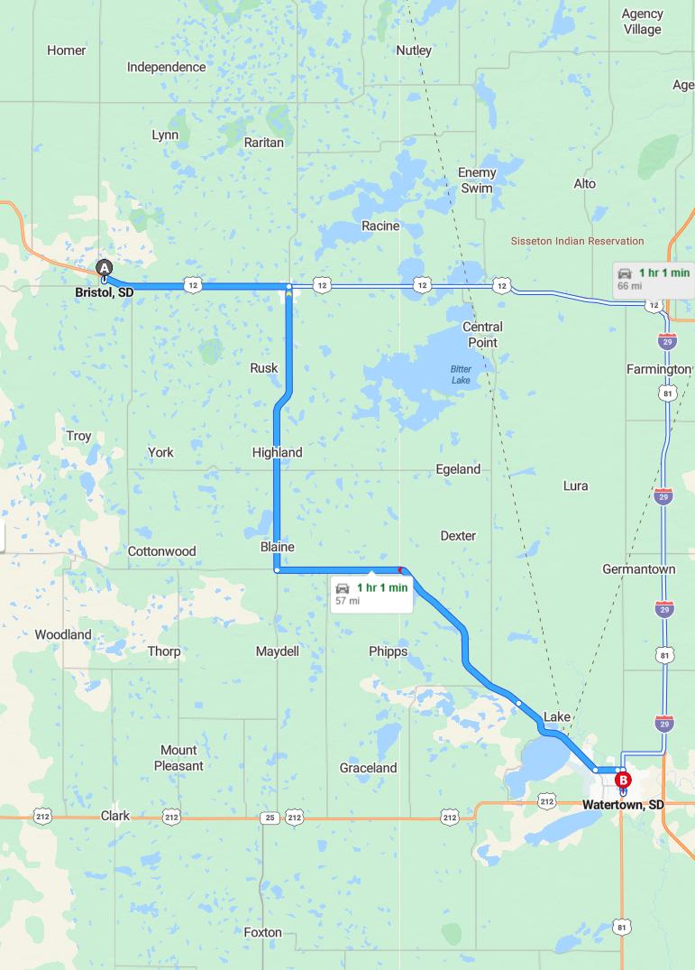 driving from Bristol, South Dakota to WatertownSouth Dakota - map and route