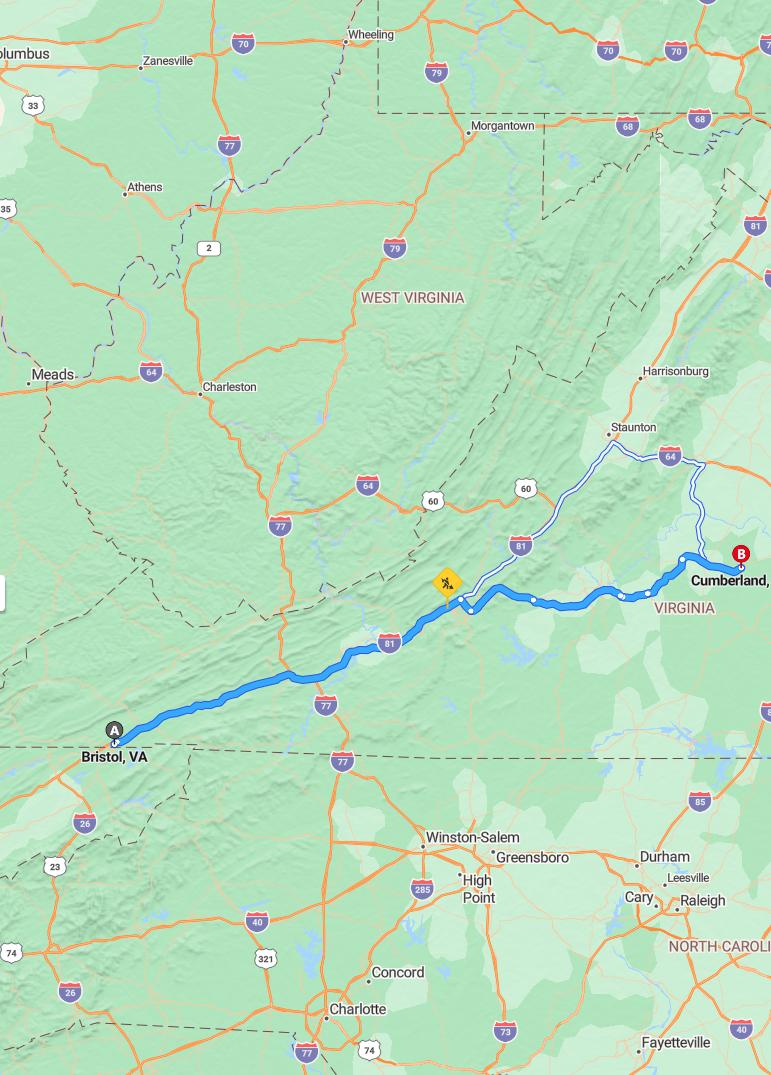 driving from Bristol, Virginia to CumberlandVirginia - map and route