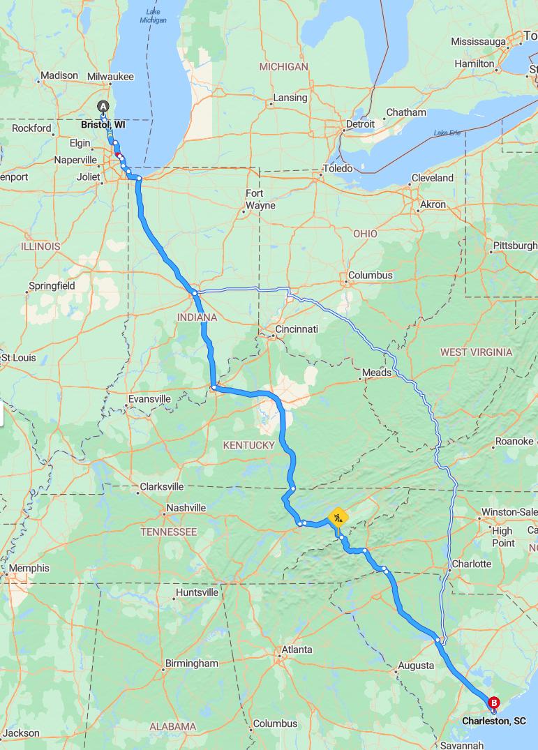 driving from Bristol, Wisconsin to CharlestonSouth Carolina - map and route
