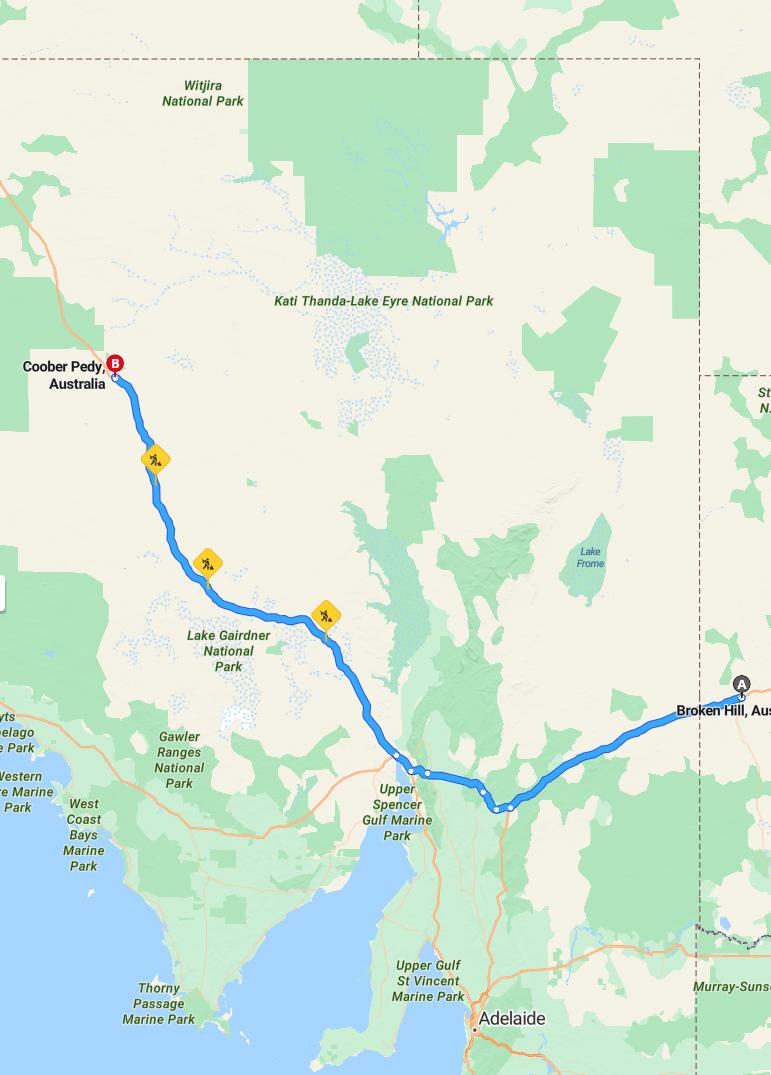 driving from Broken Hill, New South Wales to Coober PedySouth Australia - map and route