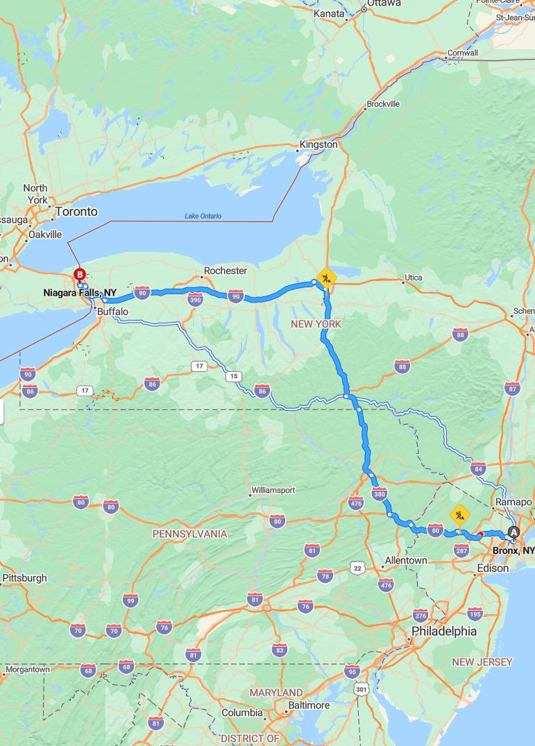 driving from Bronx, New York to Niagara FallsNew York - map and route