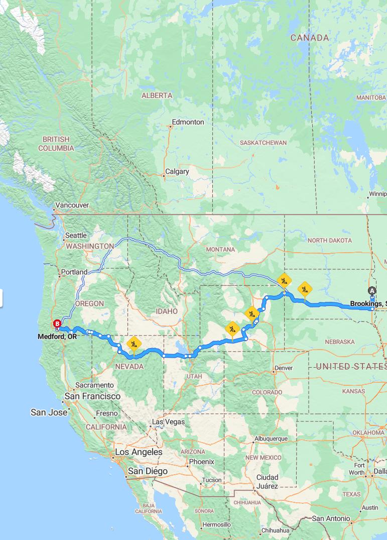 driving from Brookings, South Dakota to MedfordOregon - map and route