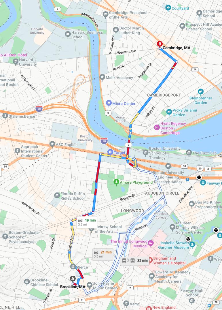 driving from Brookline, Massachusetts to CambridgeMassachusetts - map and route