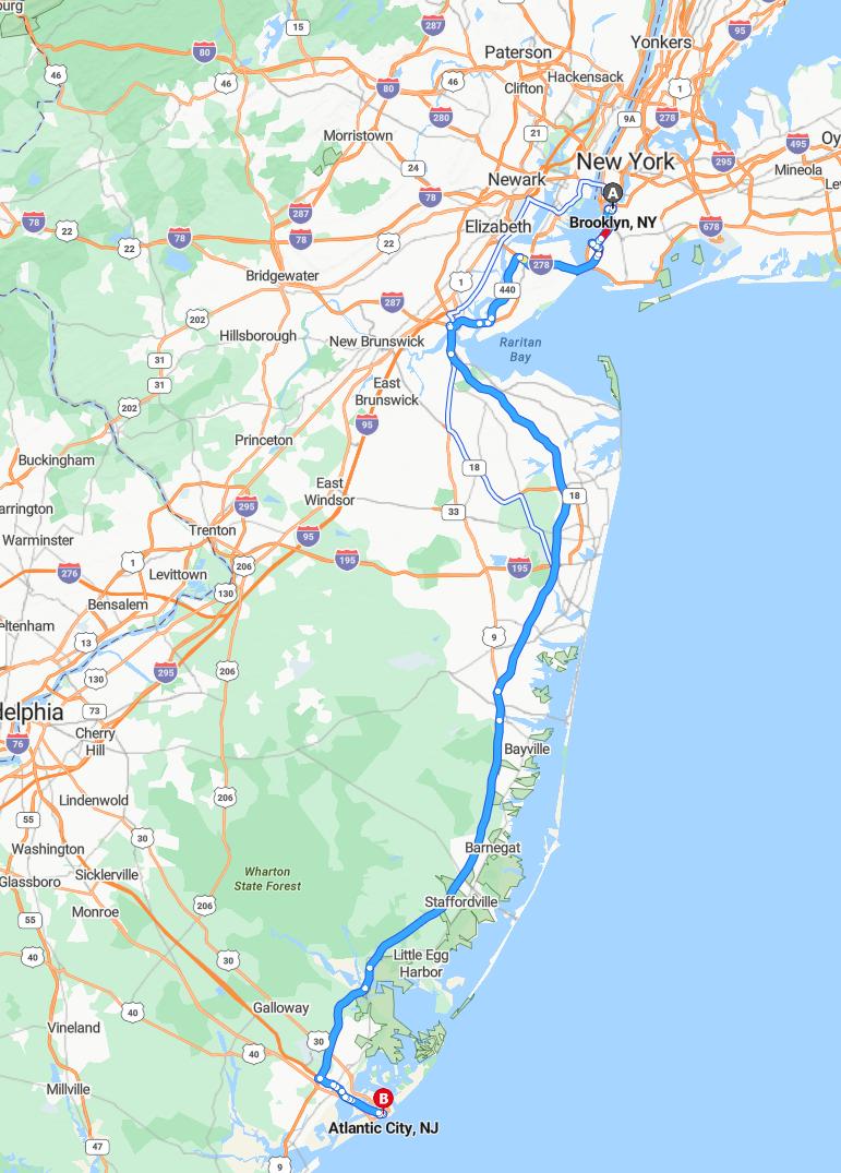 driving from Brooklyn, New York to Atlantic CityNew Jersey - map and route