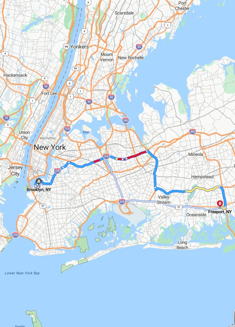 driving from Brooklyn, New York to FreeportNew York - map and route