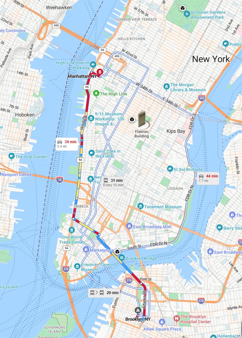 driving from Brooklyn, New York to ManhattanNew York - map and route