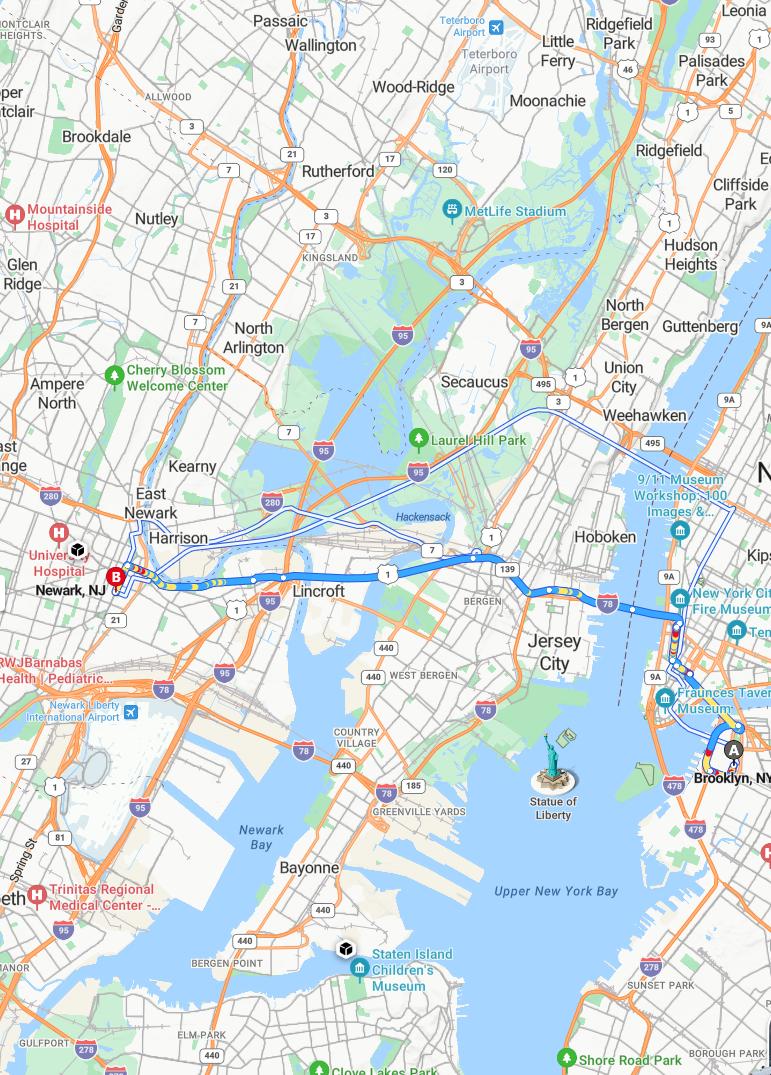 driving from Brooklyn, New York to NewarkNew Jersey - map and route