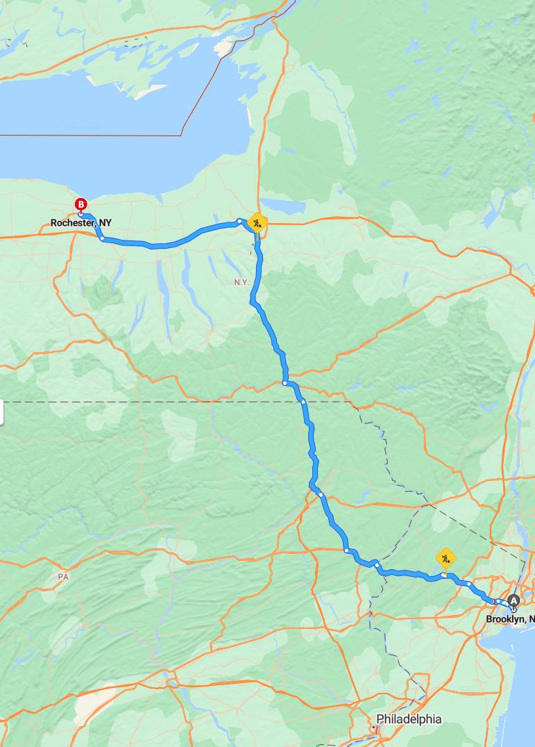 driving from Brooklyn, New York to RochesterNew York - map and route