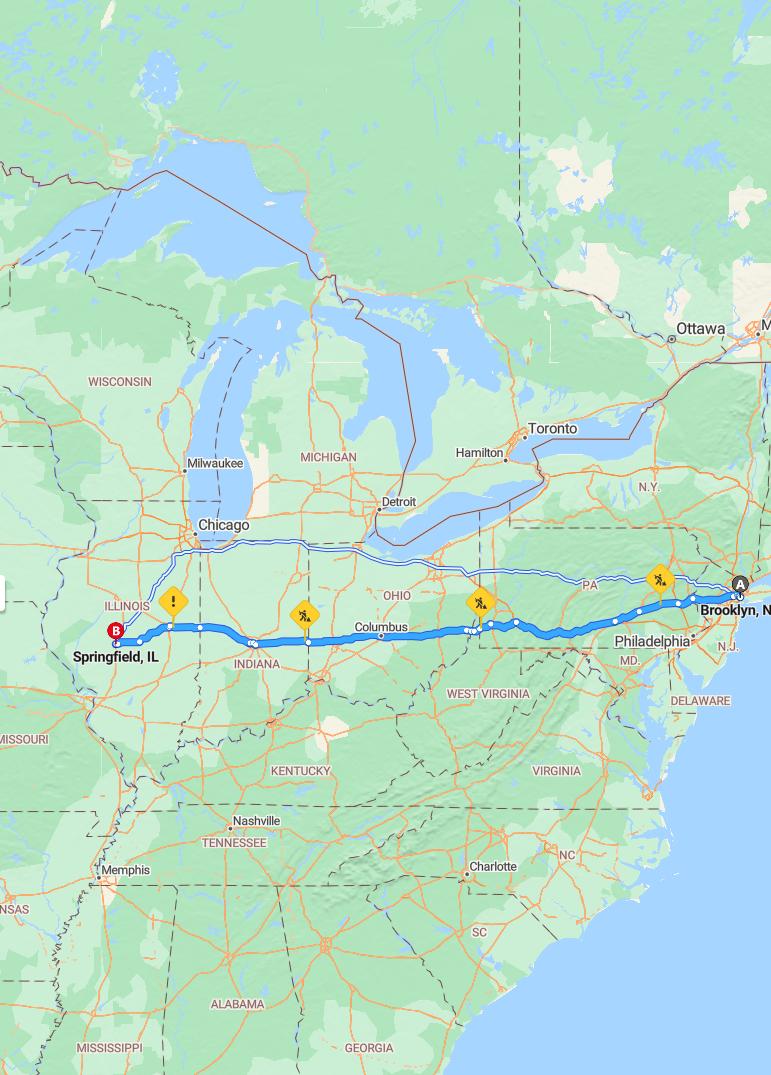 driving from Brooklyn, New York to SpringfieldIllinois - map and route
