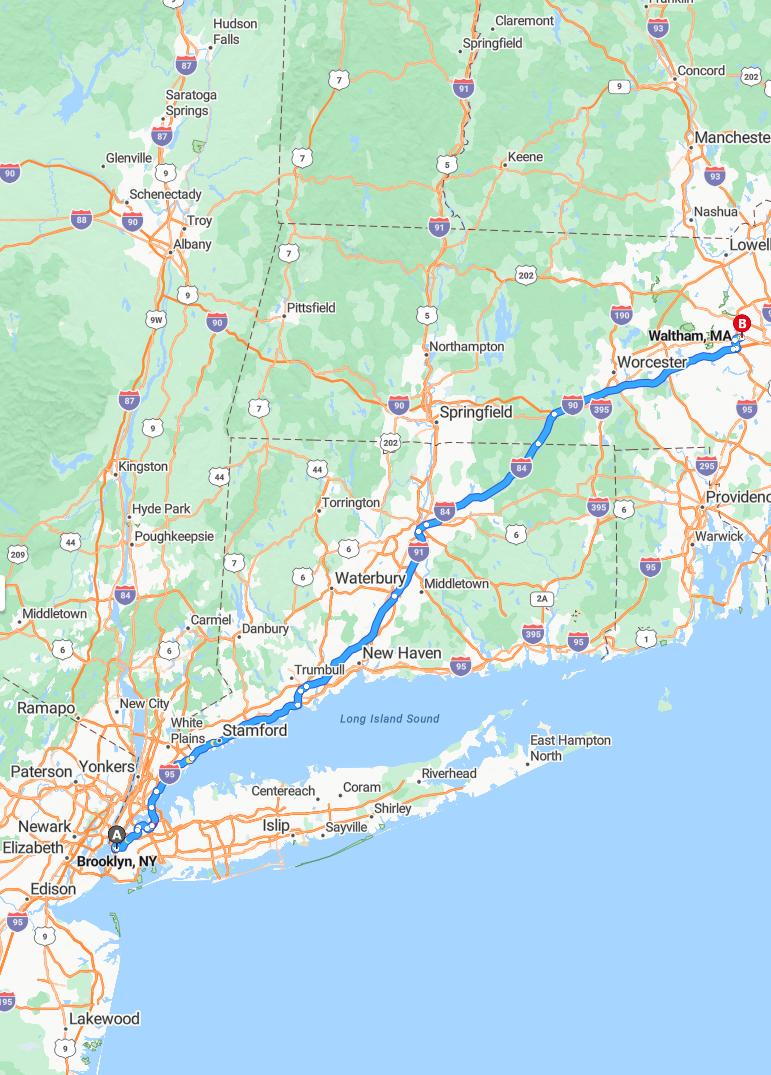driving from Brooklyn, New York to WalthamMassachusetts - map and route