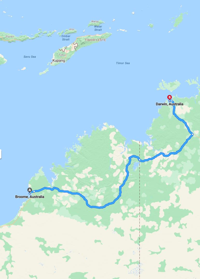 driving from Broome, Western Australia to DarwinNorthern Territory - map and route