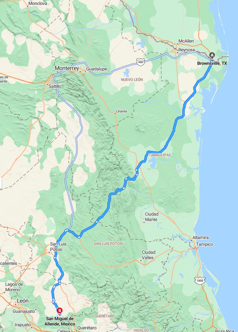 driving from Brownsville, Texas to San Miguel de AllendeGuanajuato - map and route