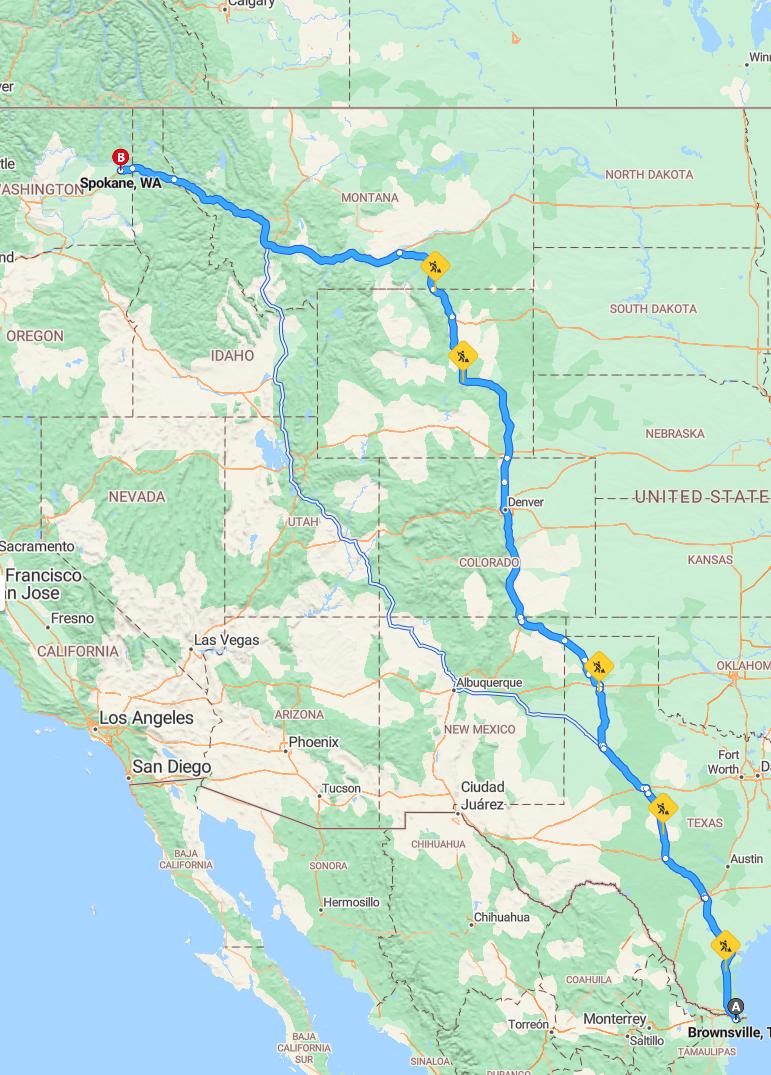 driving from Brownsville, Texas to SpokaneWashington - map and route