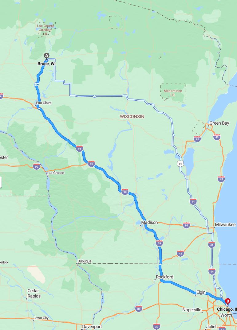 driving from Bruce, Wisconsin to ChicagoIllinois - map and route