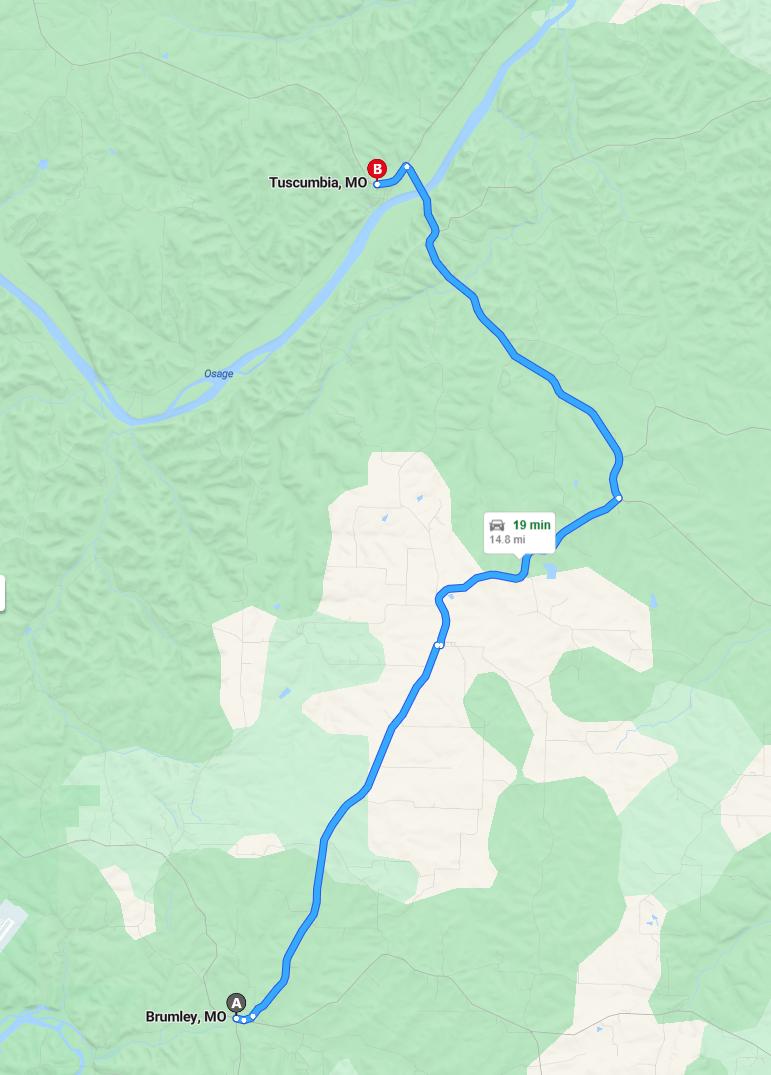 driving from Brumley, Missouri to TuscumbiaMissouri - map and route