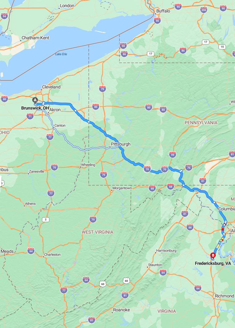 driving from Brunswick, Ohio to FredericksburgVirginia - map and route