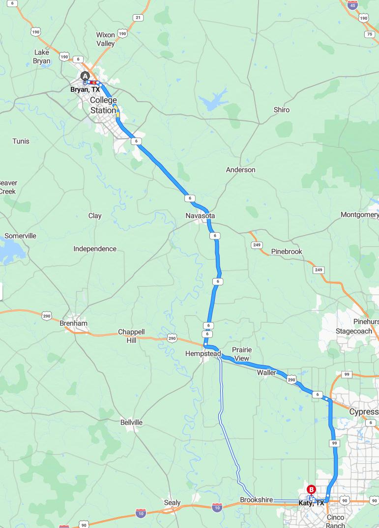 driving from Bryan, Texas to KatyTexas - map and route