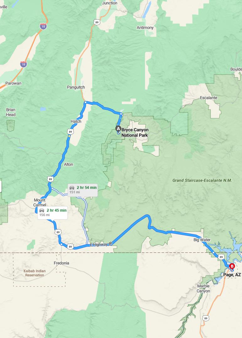 driving from Bryce Canyon, Utah to PageArizona - map and route