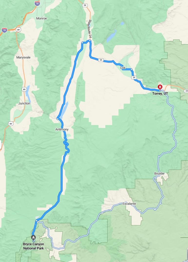 driving from Bryce Canyon, Utah to TorreyUtah - map and route