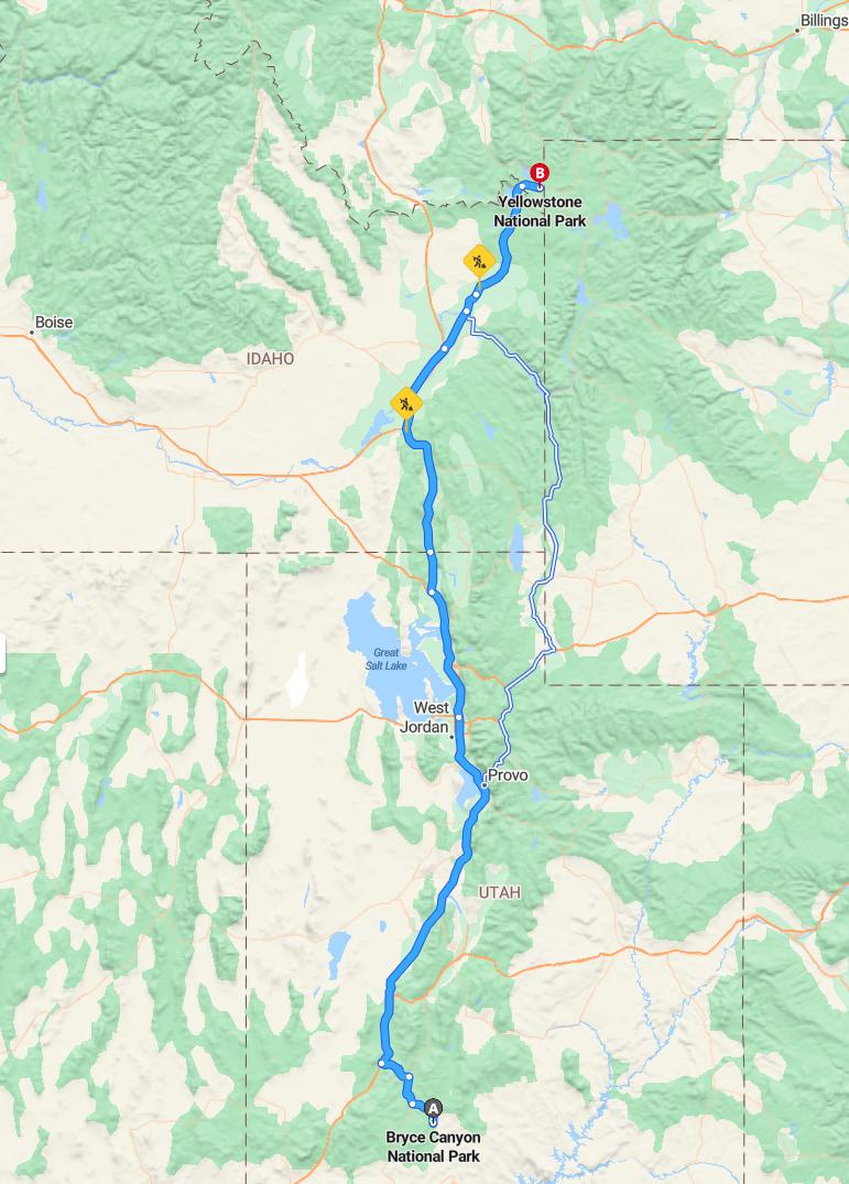 driving from Bryce Canyon, Utah to YellowstoneWyoming - map and route