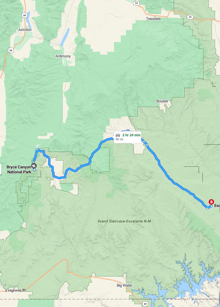 driving from Bryce, Utah to EscalanteUtah - map and route