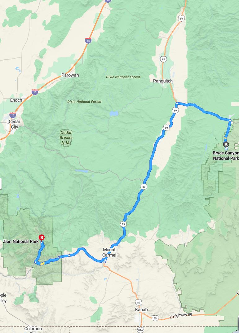 driving from Bryce, Utah to Zion National ParkUtah - map and route