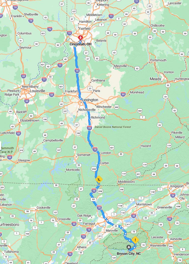 driving from Bryson City, North Carolina to CincinnatiOhio - map and route