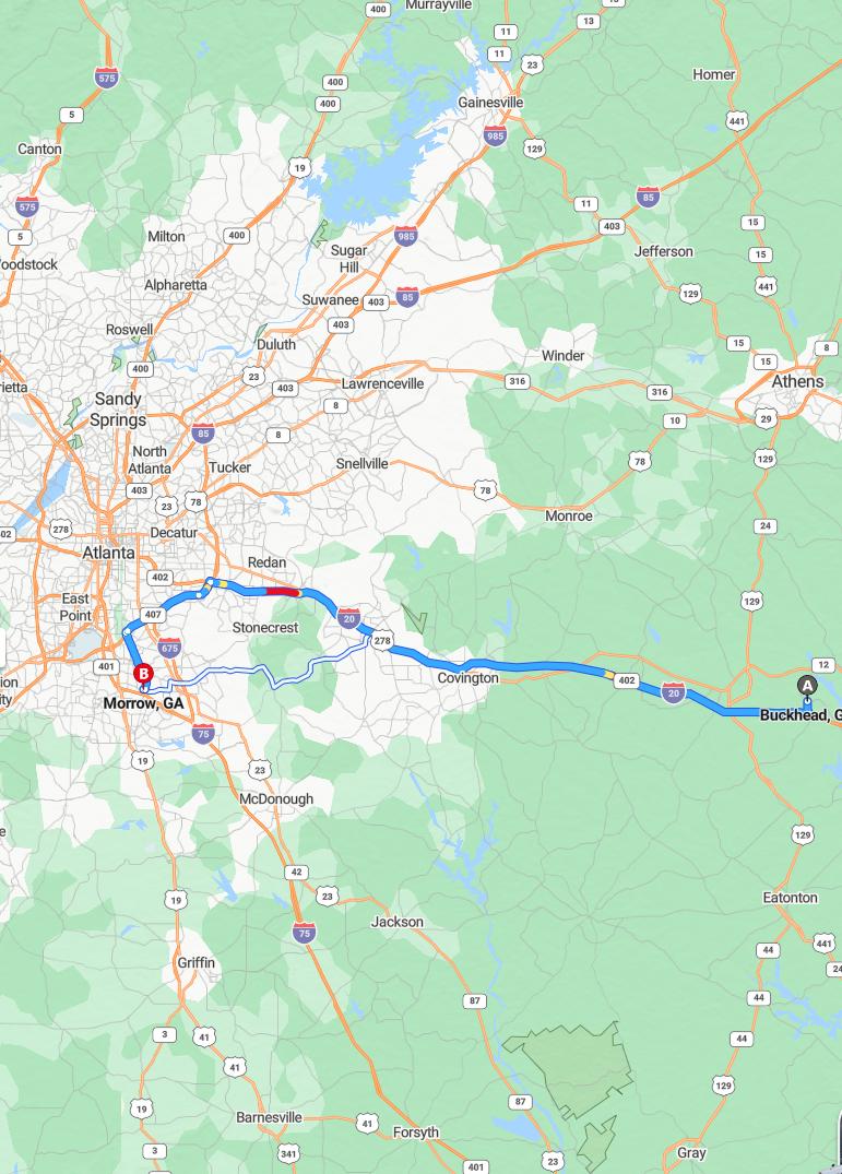driving from Buckhead, Georgia to MorrowGeorgia - map and route