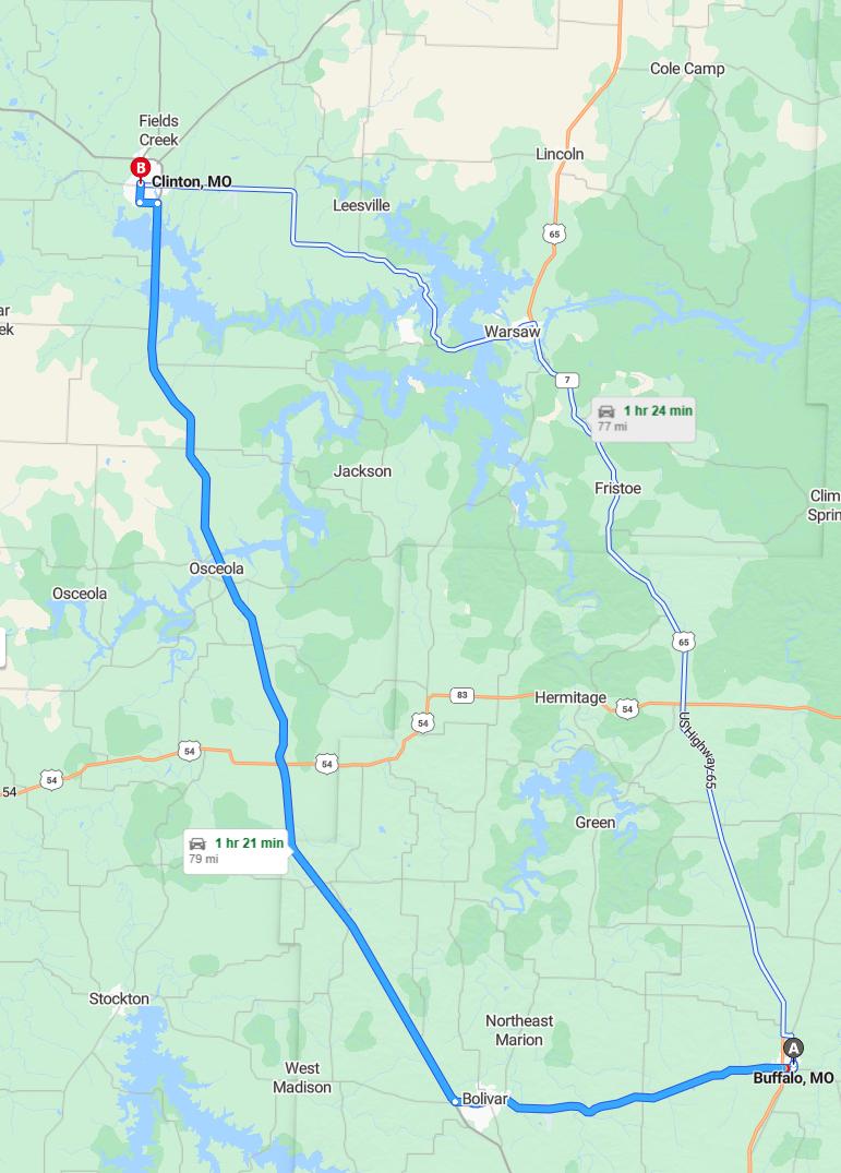 driving from Buffalo, Missouri to ClintonMissouri - map and route