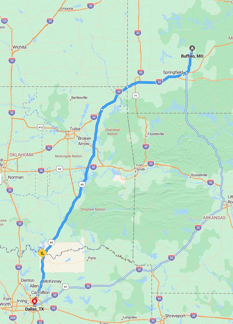 driving from Buffalo, Missouri to DallasTexas - map and route