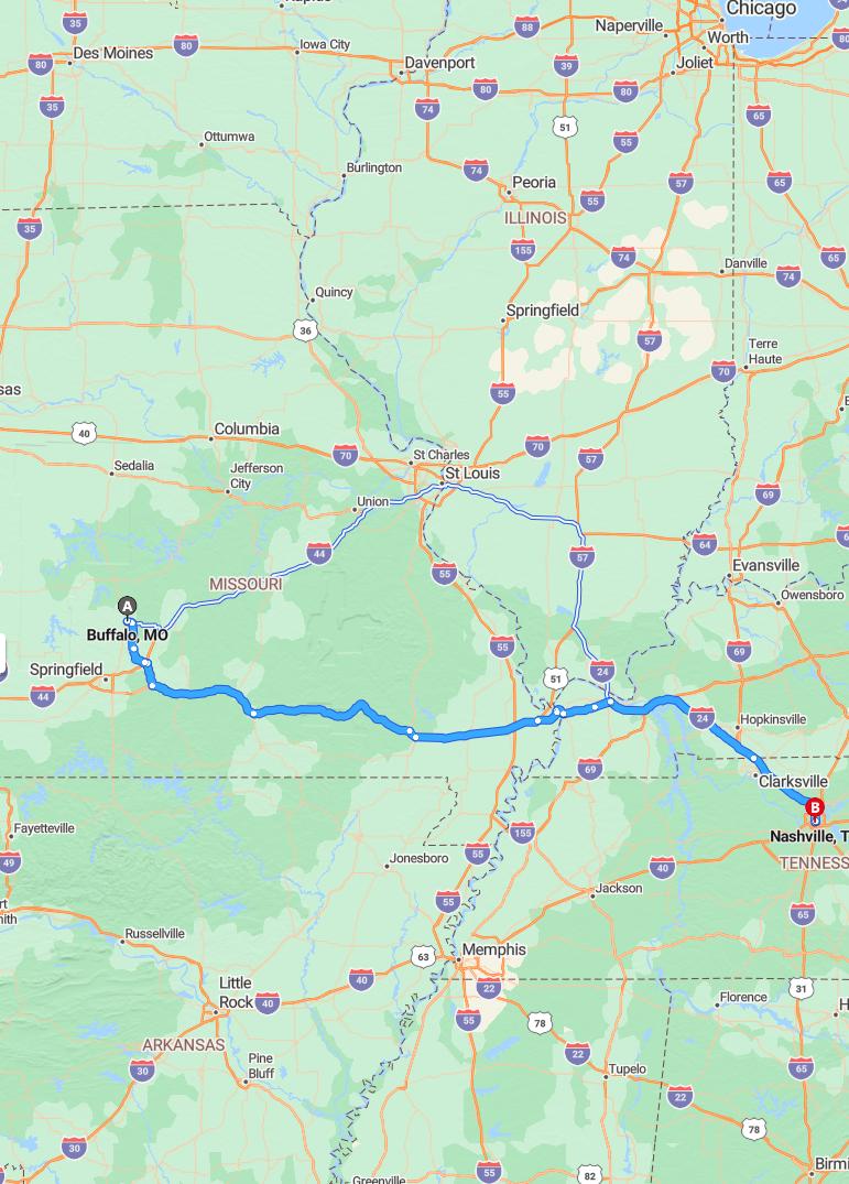 driving from Buffalo, Missouri to NashvilleTennessee - map and route