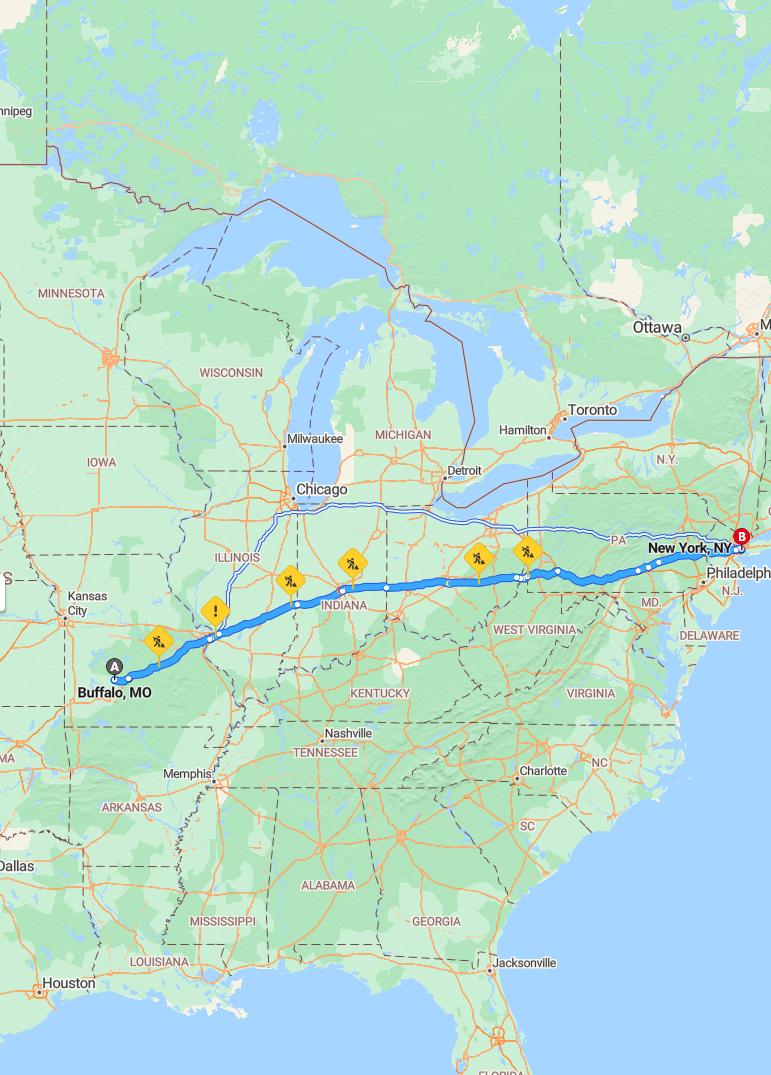 driving from Buffalo, Missouri to New York CityNew York - map and route