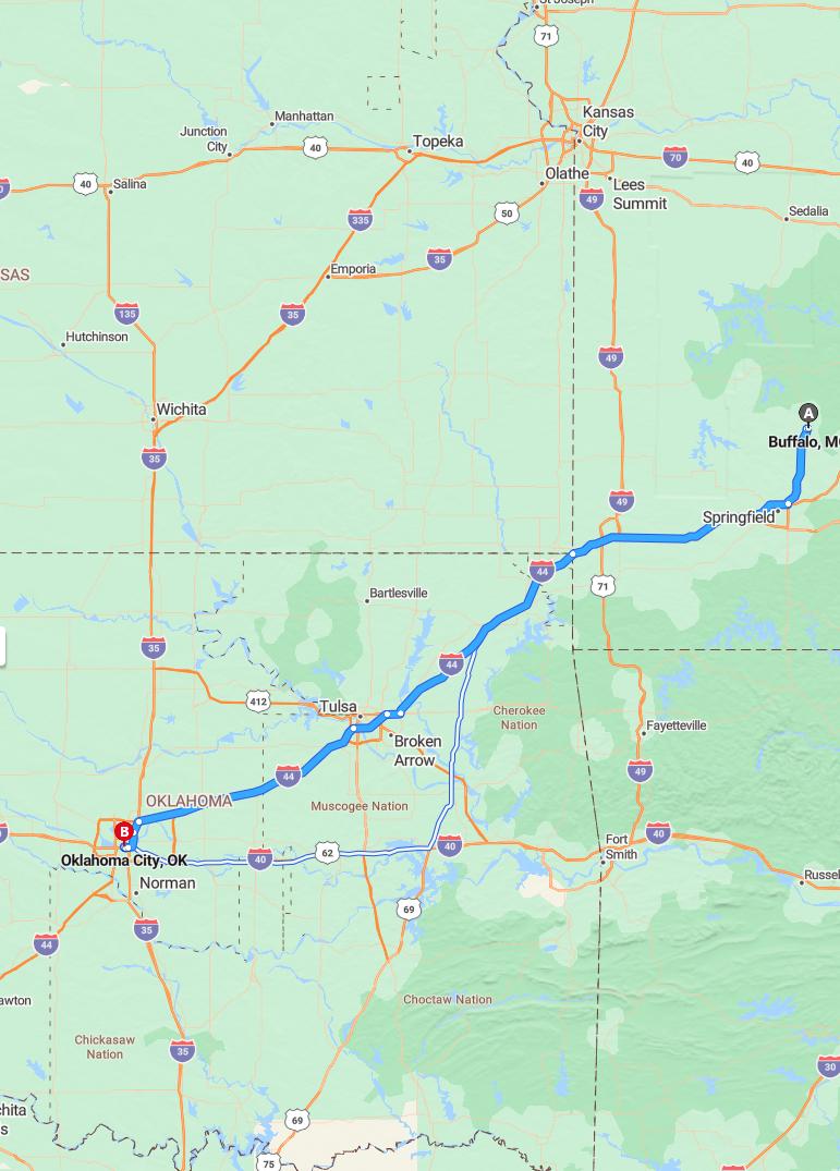 driving from Buffalo, Missouri to Oklahoma CityOklahoma - map and route