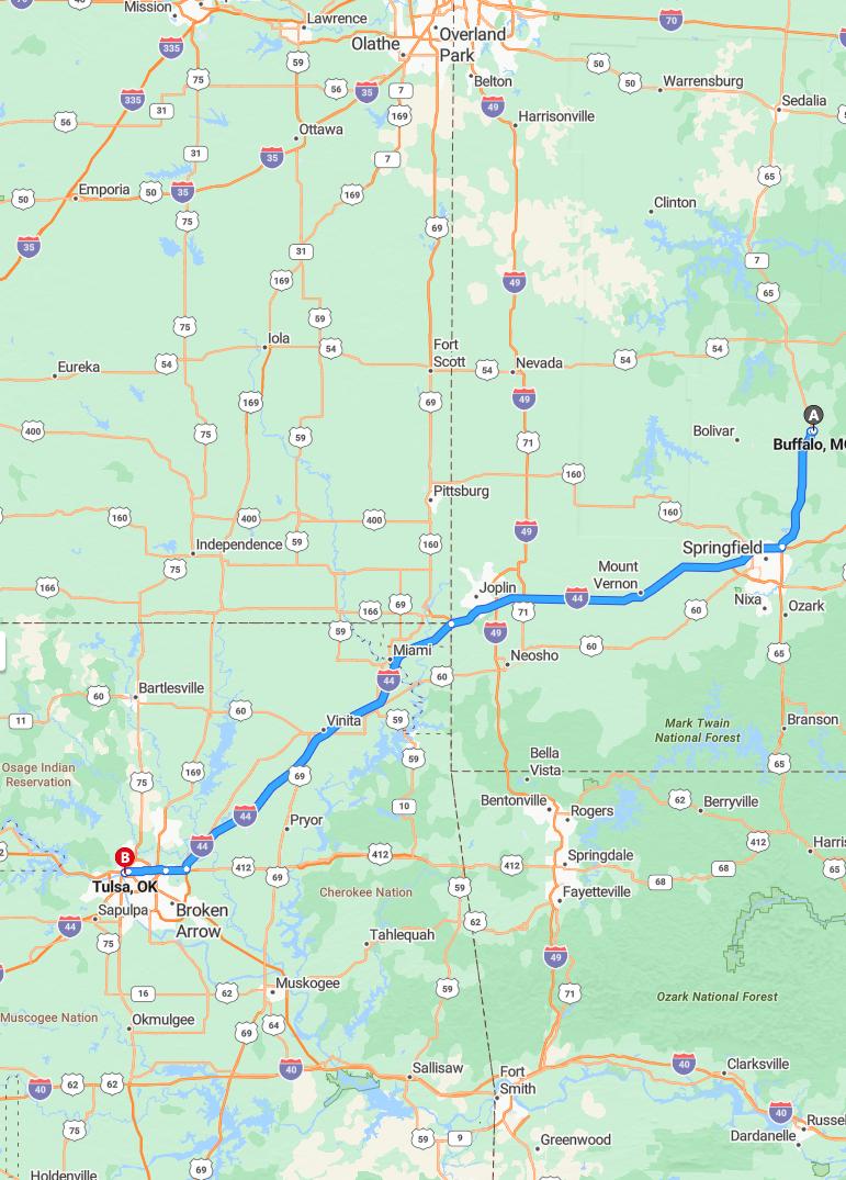 driving from Buffalo, Missouri to TulsaOklahoma - map and route