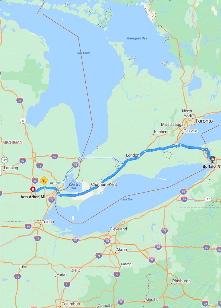 driving from Buffalo, New York to Ann ArborMichigan - map and route