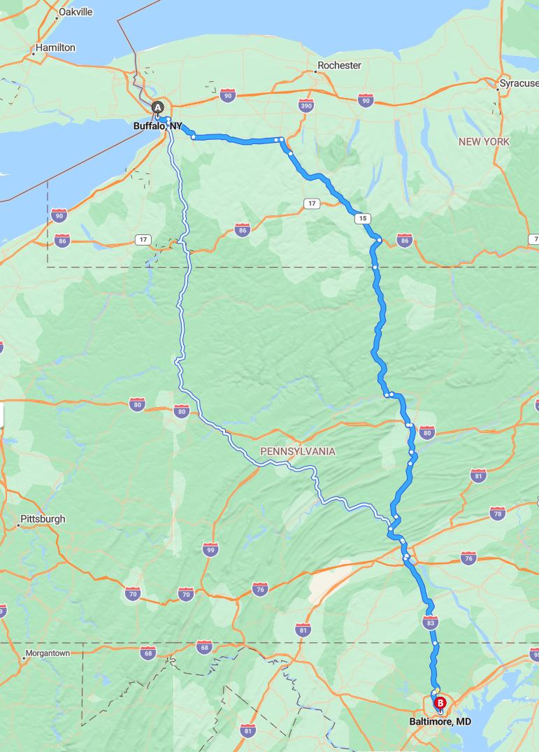 driving from Buffalo, New York to BaltimoreMaryland - map and route