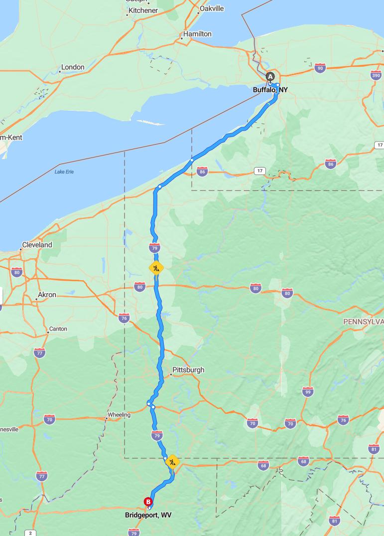 driving from Buffalo, New York to BridgeportWest Virginia - map and route