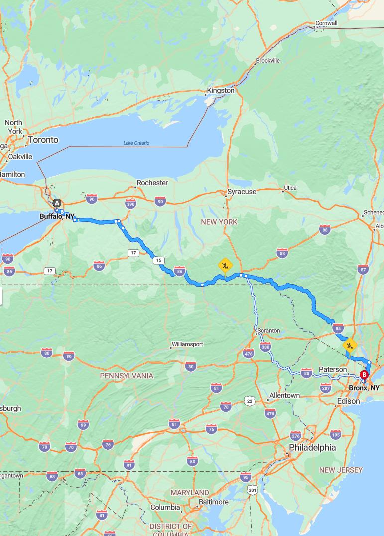driving from Buffalo, New York to BronxNew York - map and route