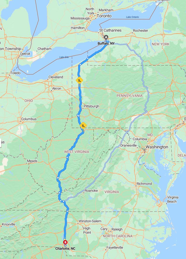 driving from Buffalo, New York to CharlotteNorth Carolina - map and route