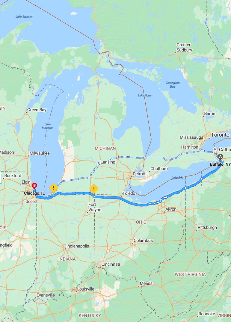 driving from Buffalo, New York to ChicagoIllinois - map and route