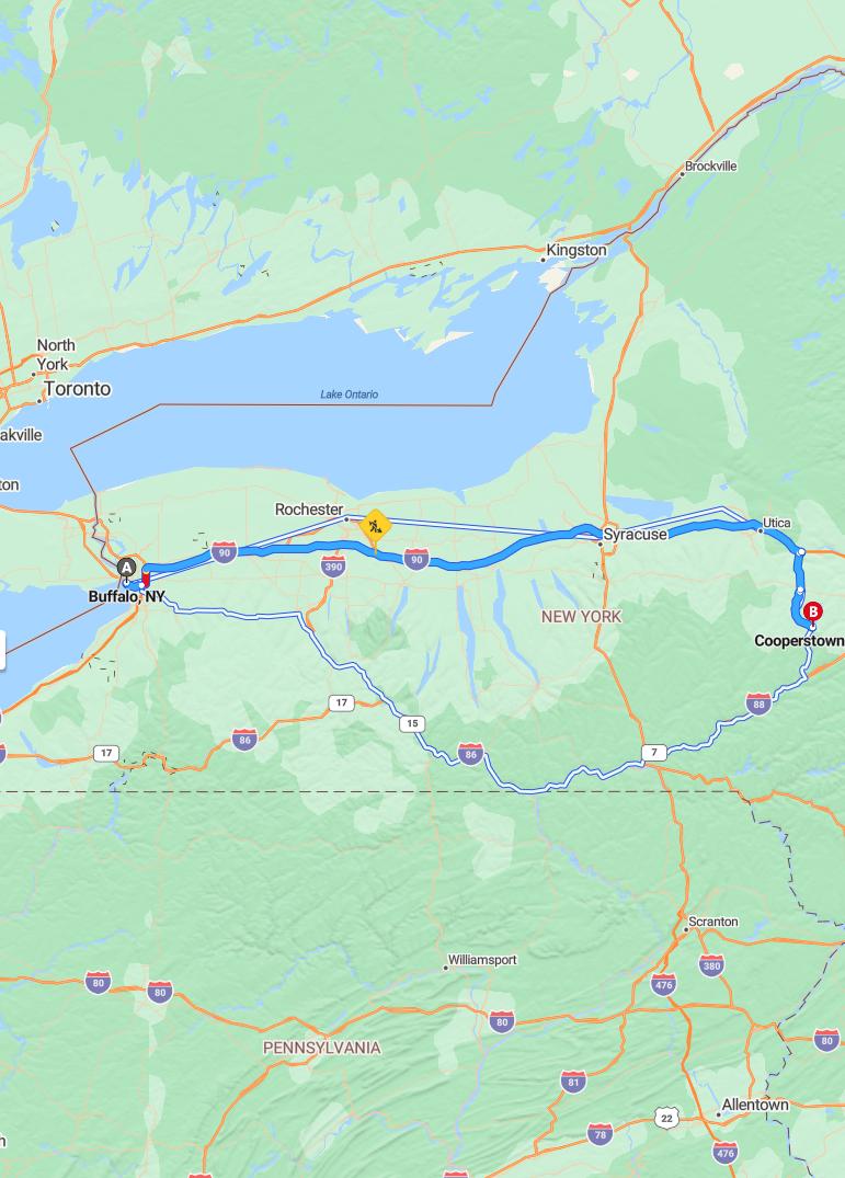 driving from Buffalo, New York to CooperstownNew York - map and route
