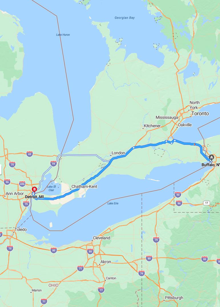 driving from Buffalo, New York to DetroitMichigan - map and route